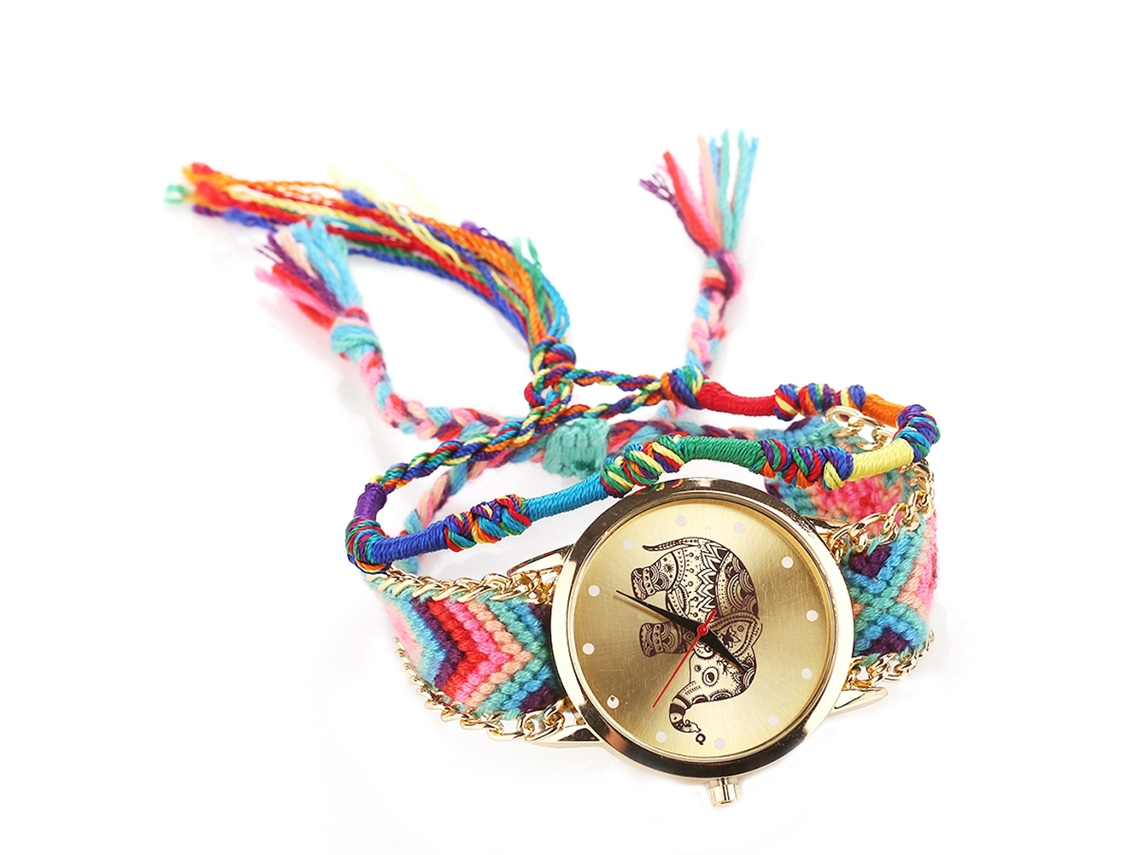 Relógio de Pulso Feminino Quartz com Pulseira Tecida À Mão Padrão de Elefante Vansvar