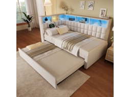 Cama Individual 90x200 - Polipiel Com Led, Bluetooth, Usb/type-c, Cabeceira Em L Com Arrumação - Bege