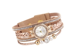 Relógio de Pulso Feminino Multicamadas Strass Pulseira de Corda Trançada Quartzo Bege