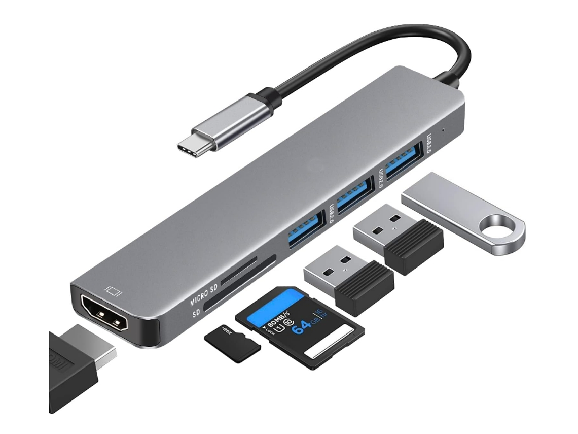Adaptador 4k Hdim Usb C, Cartão Sd 6 Em 1 Para Hub Usb C, Adaptador Usb C Usb 3.0 Usb 2.0 E Leitor De Cartão Micro Sd/sd Yizhood (cinza)