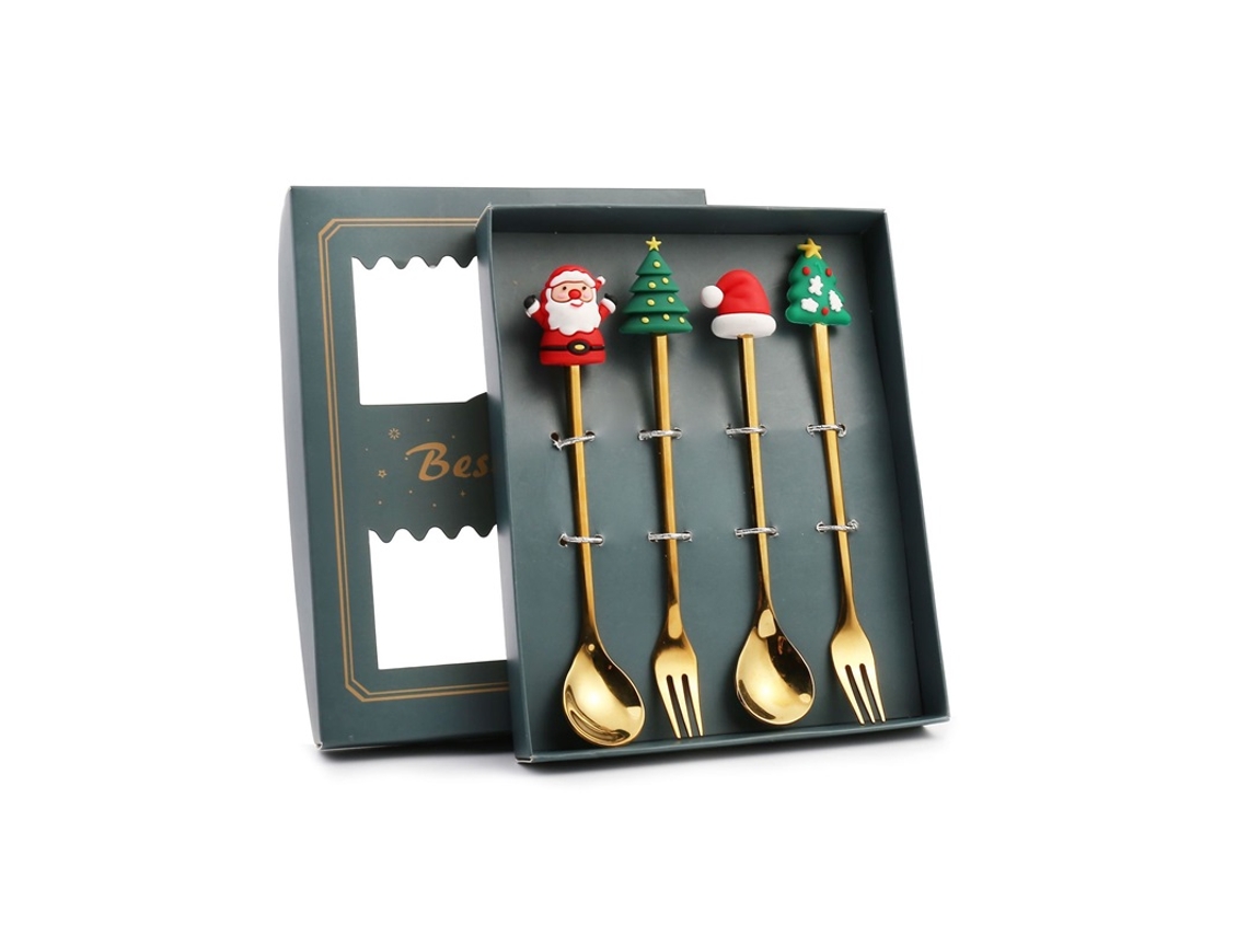 Conjunto De 4 Talheres De Natal Em Aço Inox Com Decoração De Árvores E Papai Noel Da Laxiscreed