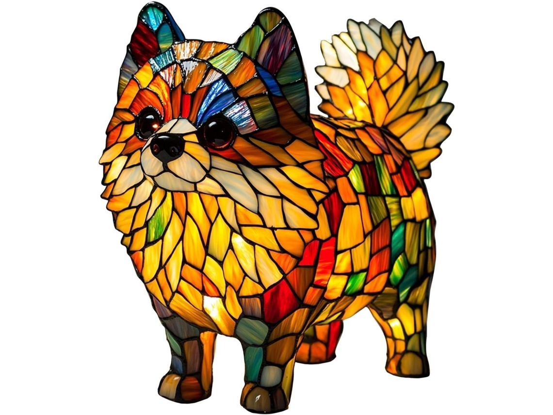 Luminária de mesa em resina com vitral em formato de cachorrinho, estilo noturno.