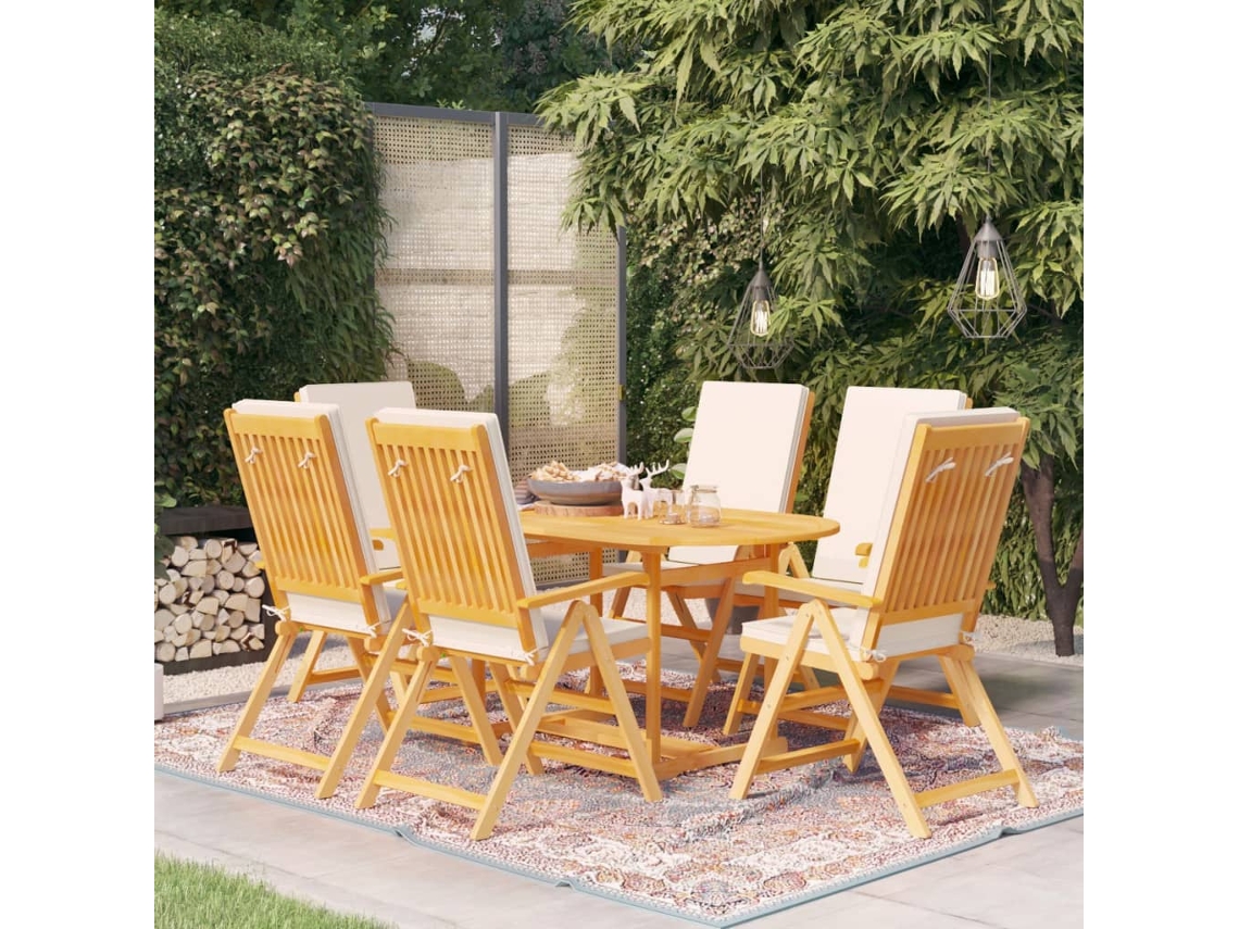Vidaxl 7 Pcs Conjunto Jantar Jardim C/ Almofadões Madeira Teca Maciça