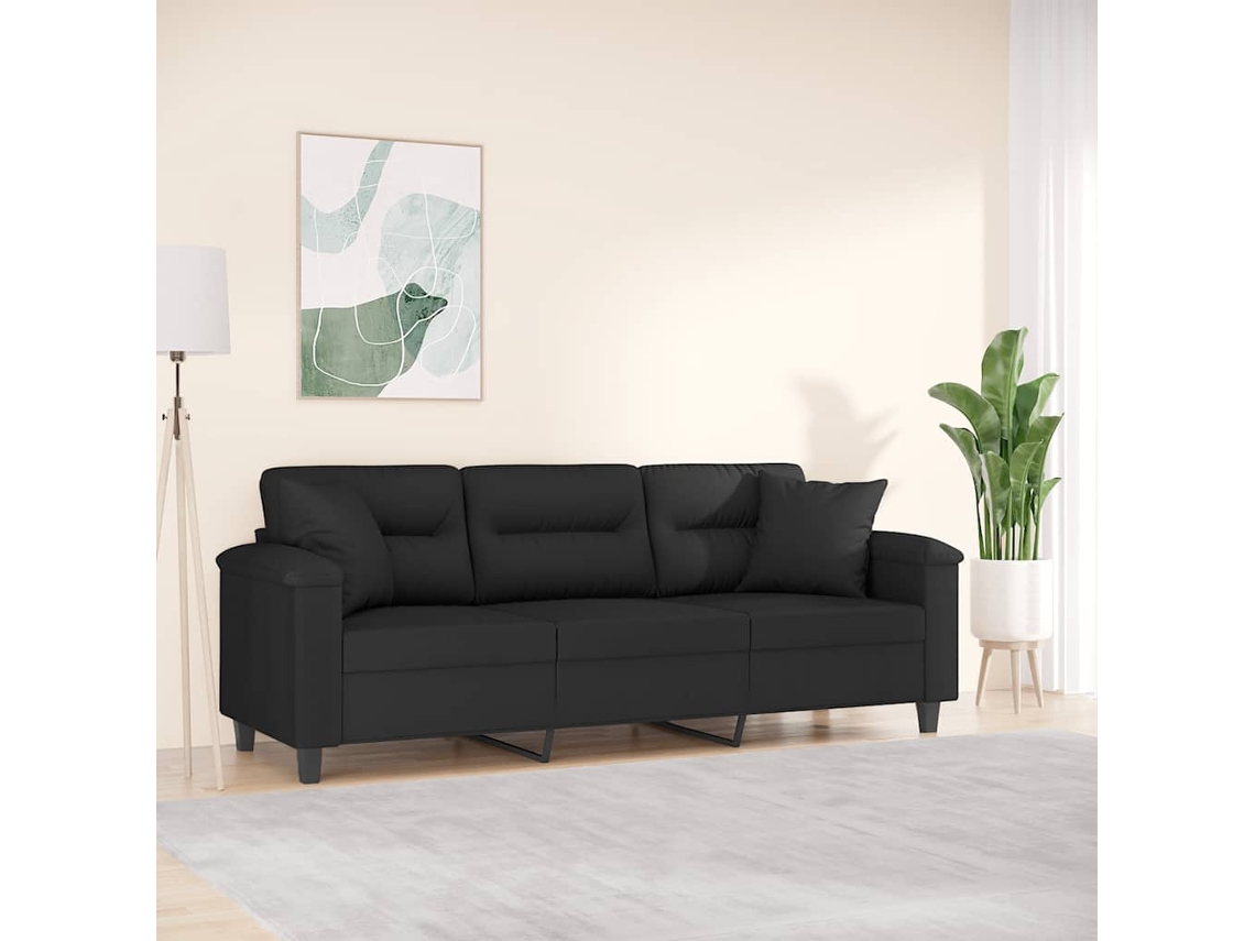 Vidaxl Sofá 3 Lugares C/ Almofadas 180 Cm Microfibra Preto