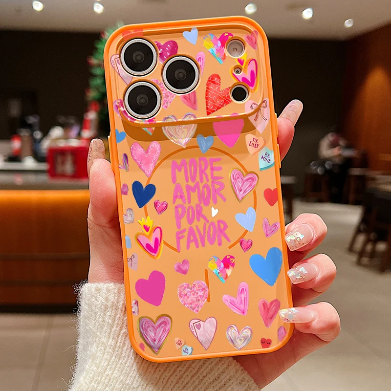 Capa Magnética Rígida Para Iphone 14 Pro Com Estampa De Corações Coloridos (laranja).