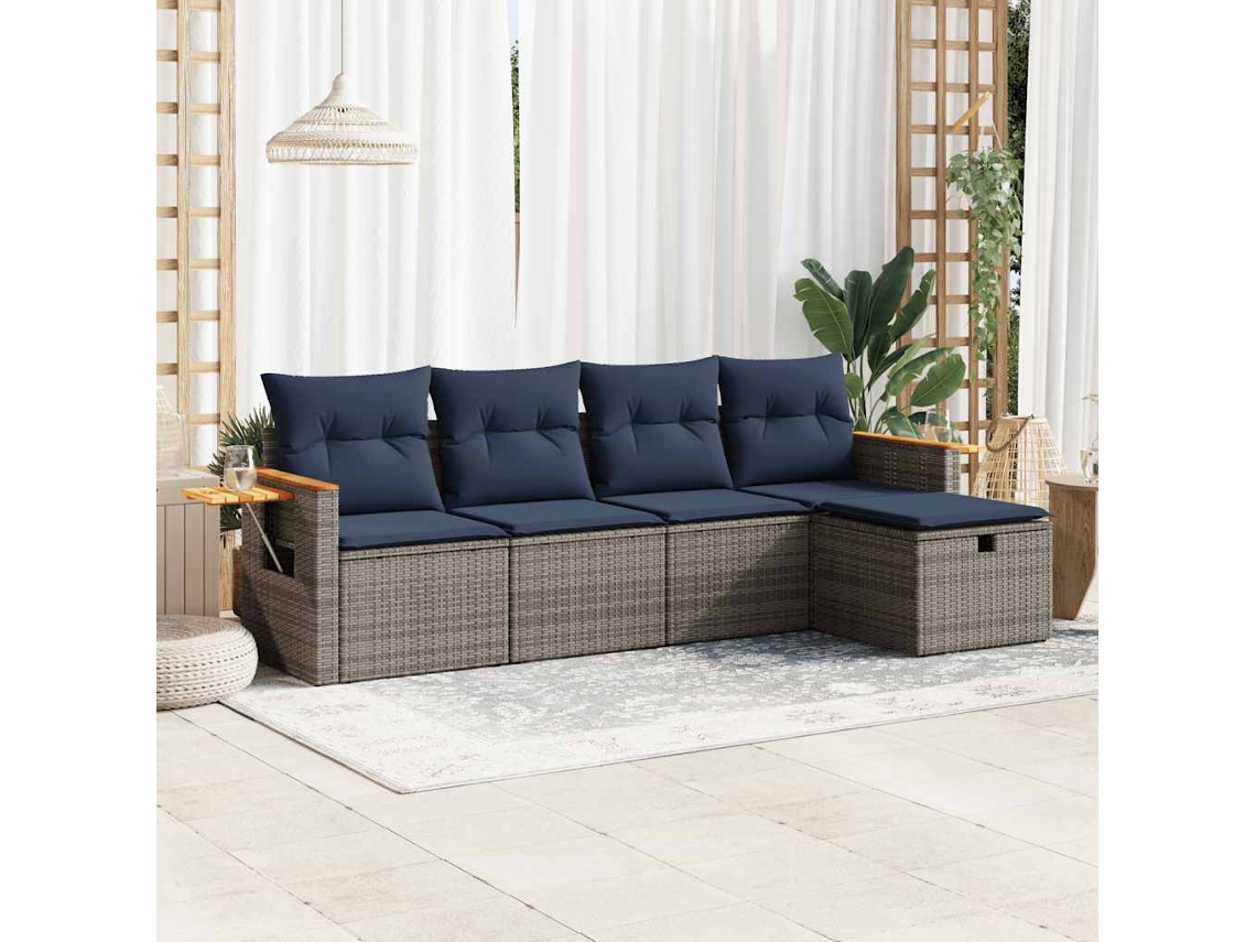 Vidaxl 5 Pcs Conjunto Sofás De Jardim C/ Almofadões Vime Pe Cinzento