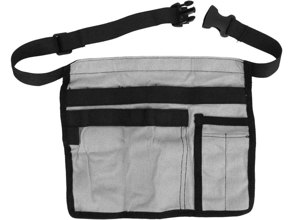 Avental com cintura ajustável em tecido Oxford e diversos bolsos para ferramentas de jardinagem, cor cinza.