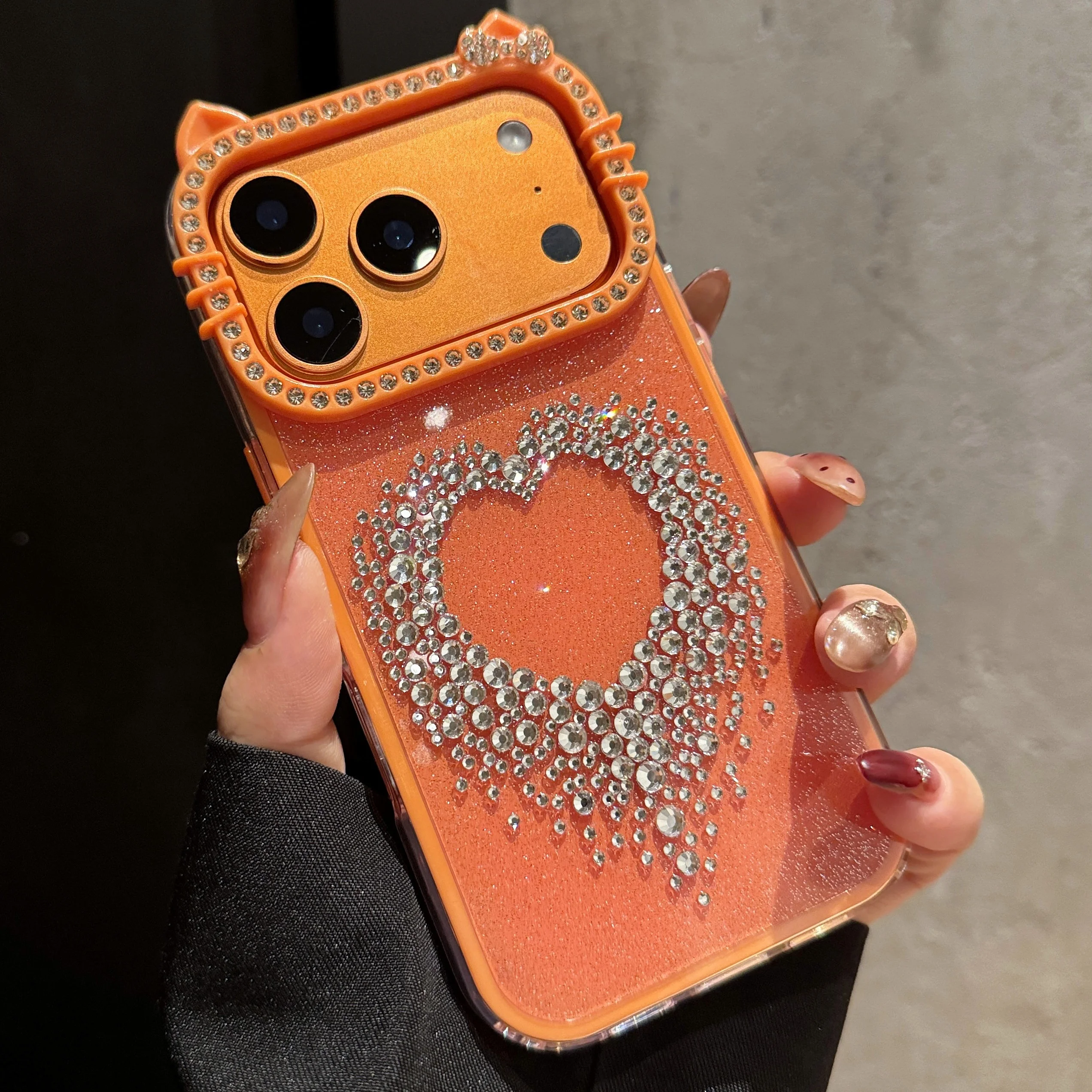 Capa Protetora Com Orelhas De Gato E Diamantes (laranja) Para Iphone 15, À Prova De Choque.