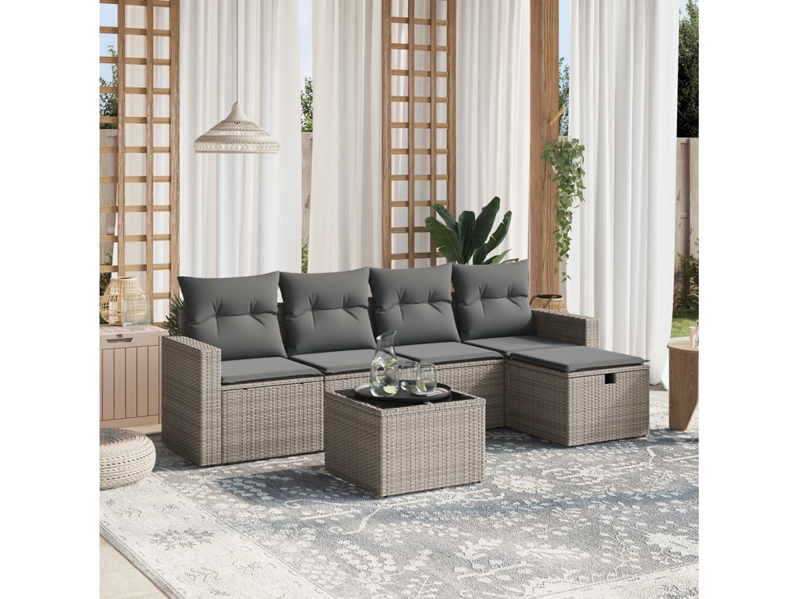 Vidaxl 6 Pcs Conjunto Sofás de Jardim com Almofadões Vime Cinzento