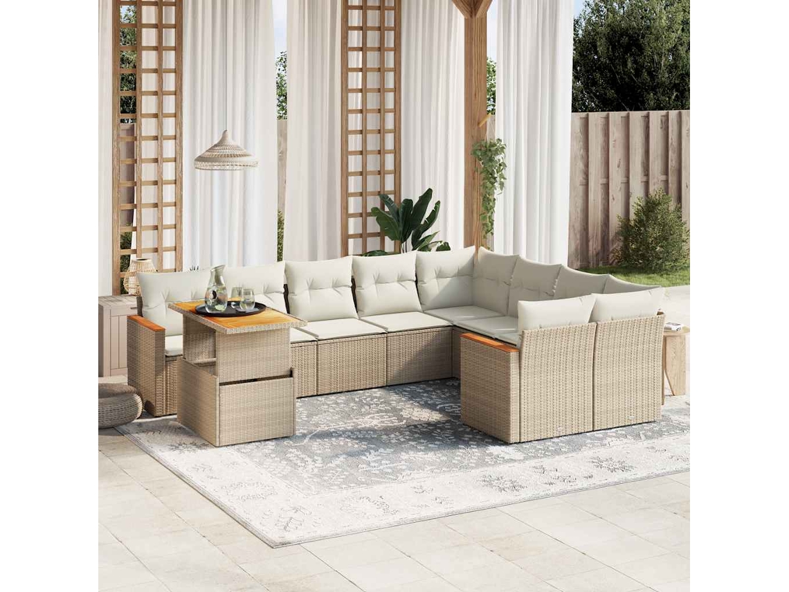 Vidaxl 10 Pcs Conjunto De Sofás P/ Jardim Com Almofadões Vime Pe Bege