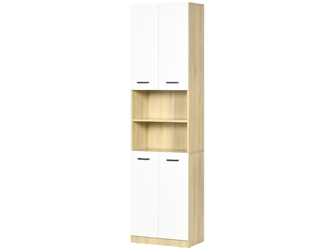 Coluna de Casa de Banho com Armário Alto 4 Portas Branco e Madeira 53x33.5x195.7 Cm com 2 Prateleiras Abertas e Ajustáveis S/MARCA