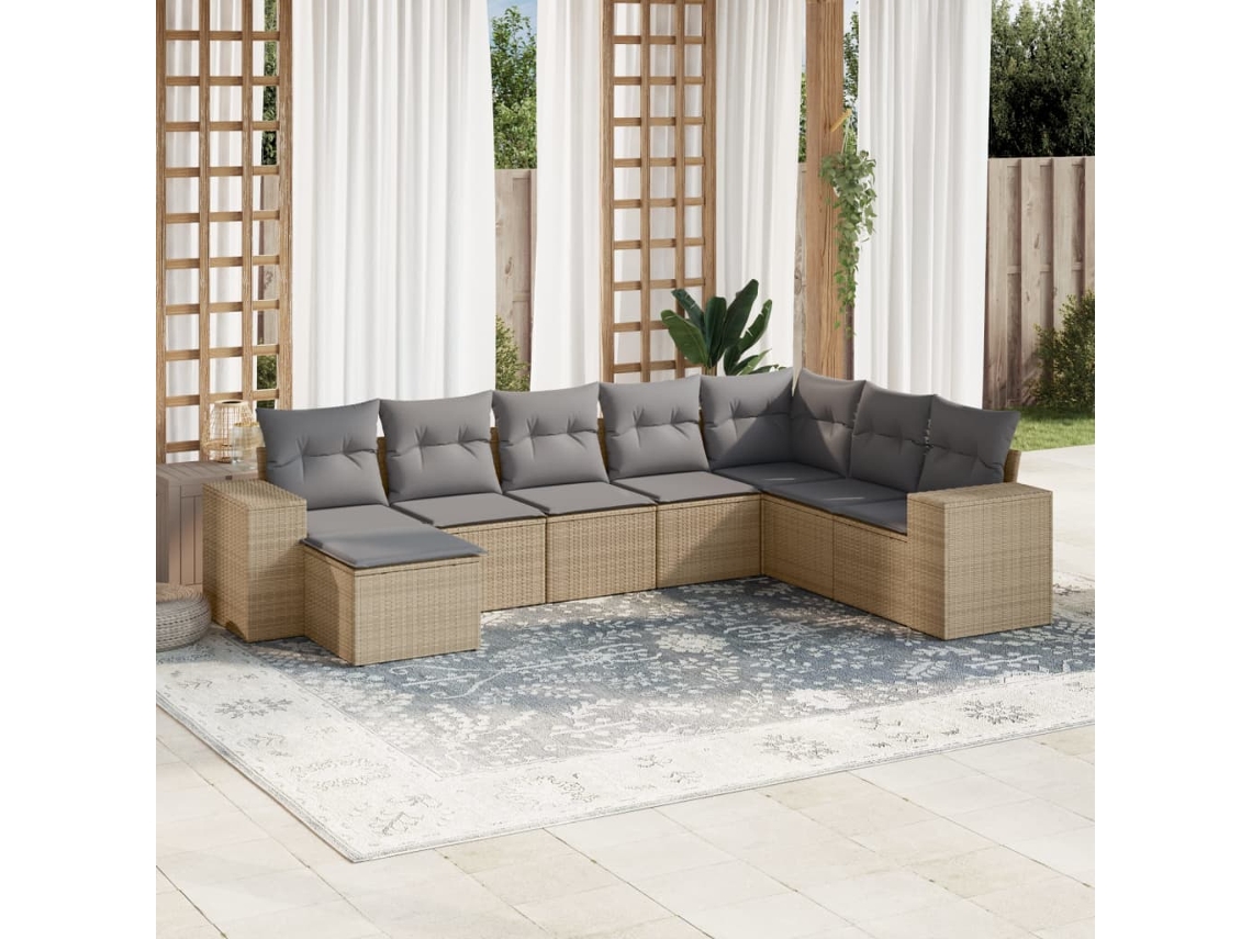 Vidaxl 8 Pcs Conjunto De Sofás P/ Jardim Com Almofadões Vime Pe Bege