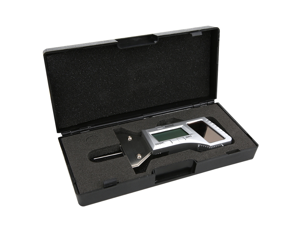 Medidor de profundidade de sulco de pneus digital movido a energia solar, medidor de aço inoxidável de 0 a 25 mm com precisão de 0,01 mm.