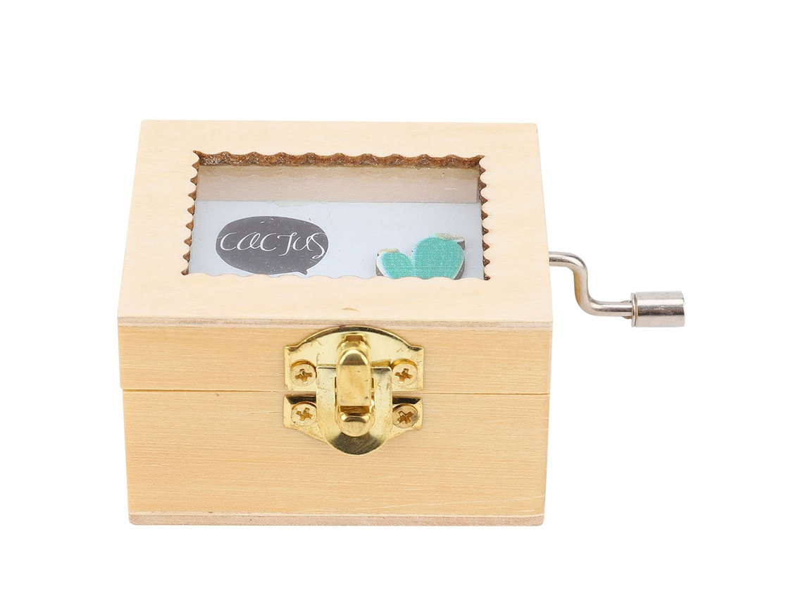 Caixa de Música de Madeira com Manivela Decoração Mesa Presente Cactus