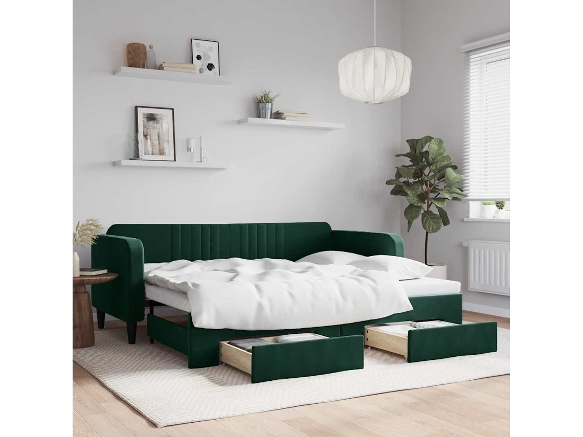 Cama De Solteiro | Camas Para Quarto | Sofá-cama C/ Gavetão E Gavetas 90x200 Cm Veludo Verde-escuro