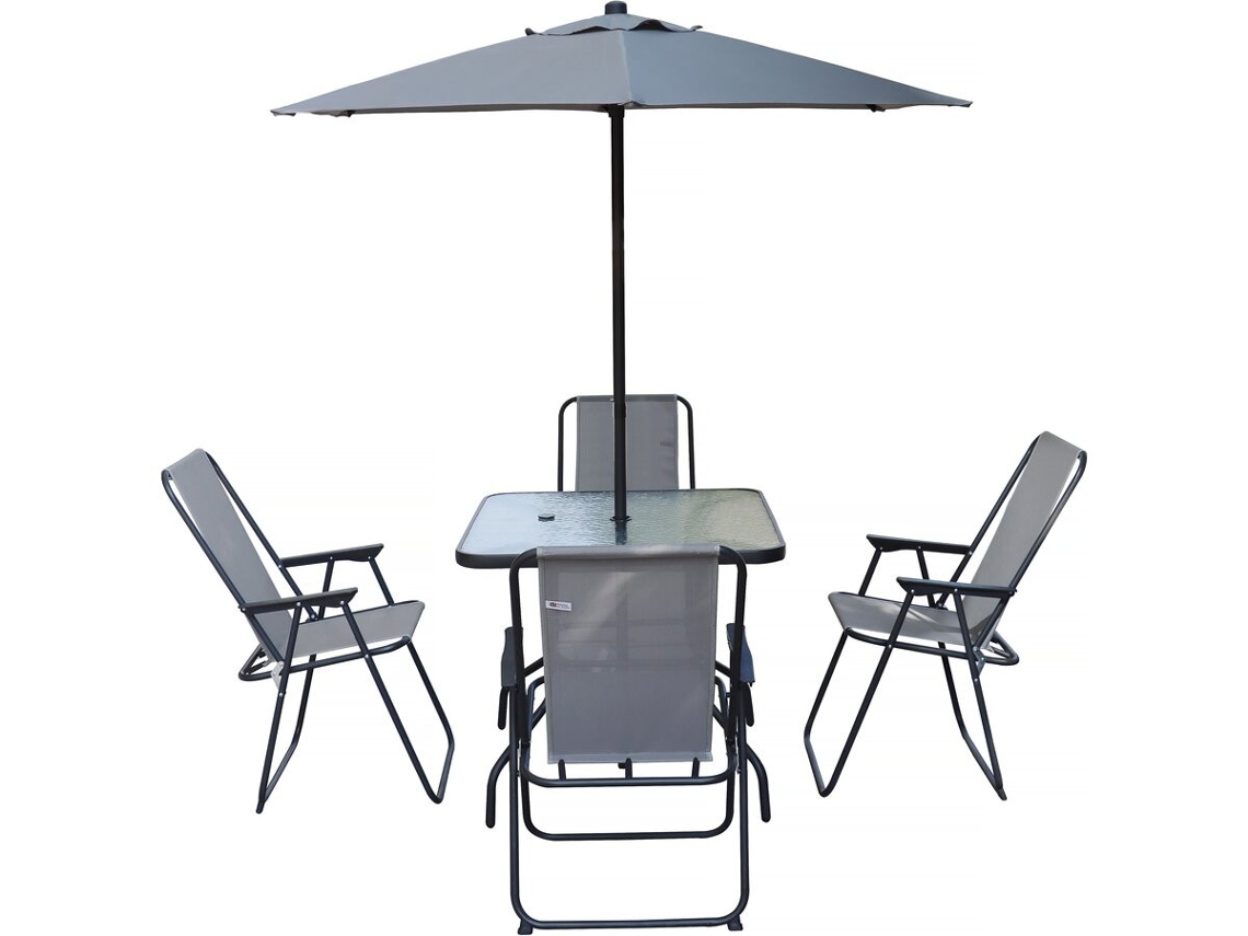 Mesa E Cadeiras Jardim Convivia - 4 Lugares-metal-cinzento Claro-guarda-sol