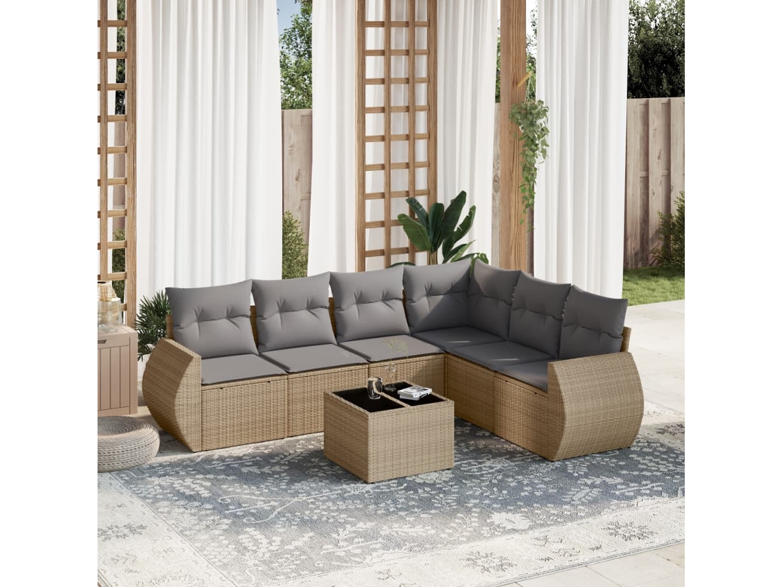 Vidaxl 7 Pcs Conjunto De Sofás P/ Jardim Com Almofadões Vime Pe Bege