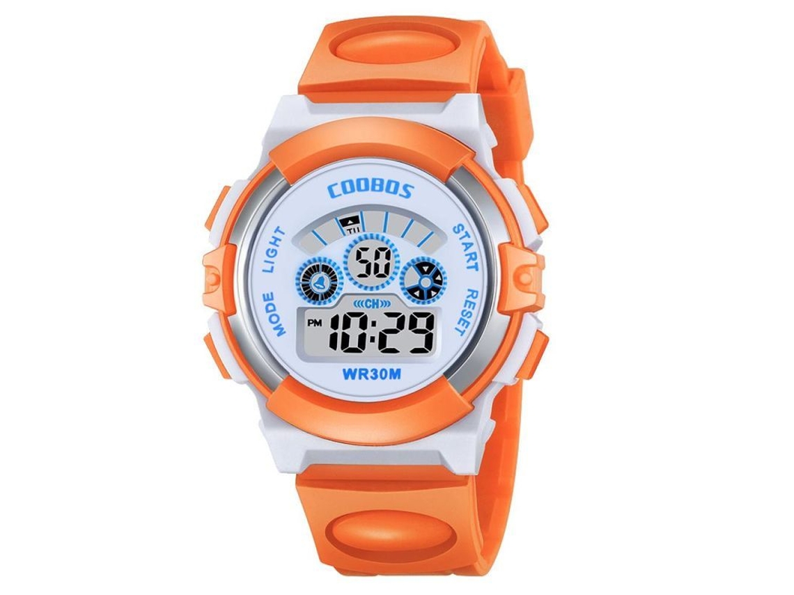 Relógio eletrônico infantil multifuncional à prova d'água 5 ATM em silicone, para meninos e meninas, esportivo e luminoso, laranja.