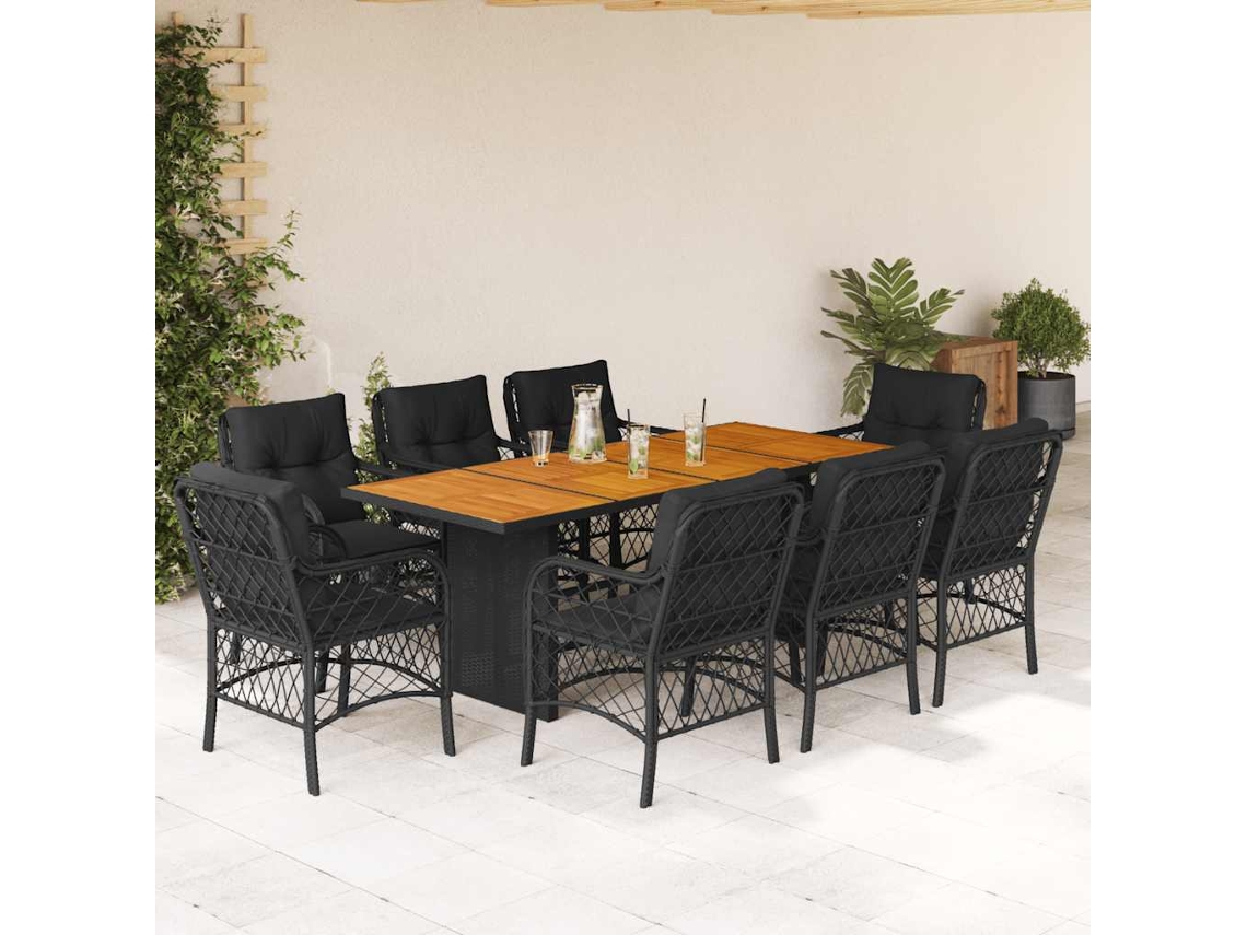 Vidaxl 9 Pcs Conjunto De Jantar P/ Jardim C/ Almofadões Vime Pe Preto