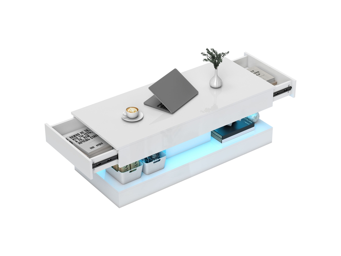 Mesa Lateral para Sala de Estar com Gavetas e Iluminação Led, Mesa Lateral Moderna para Sofá, com Prateleiras Abertas SINI TECH STORE