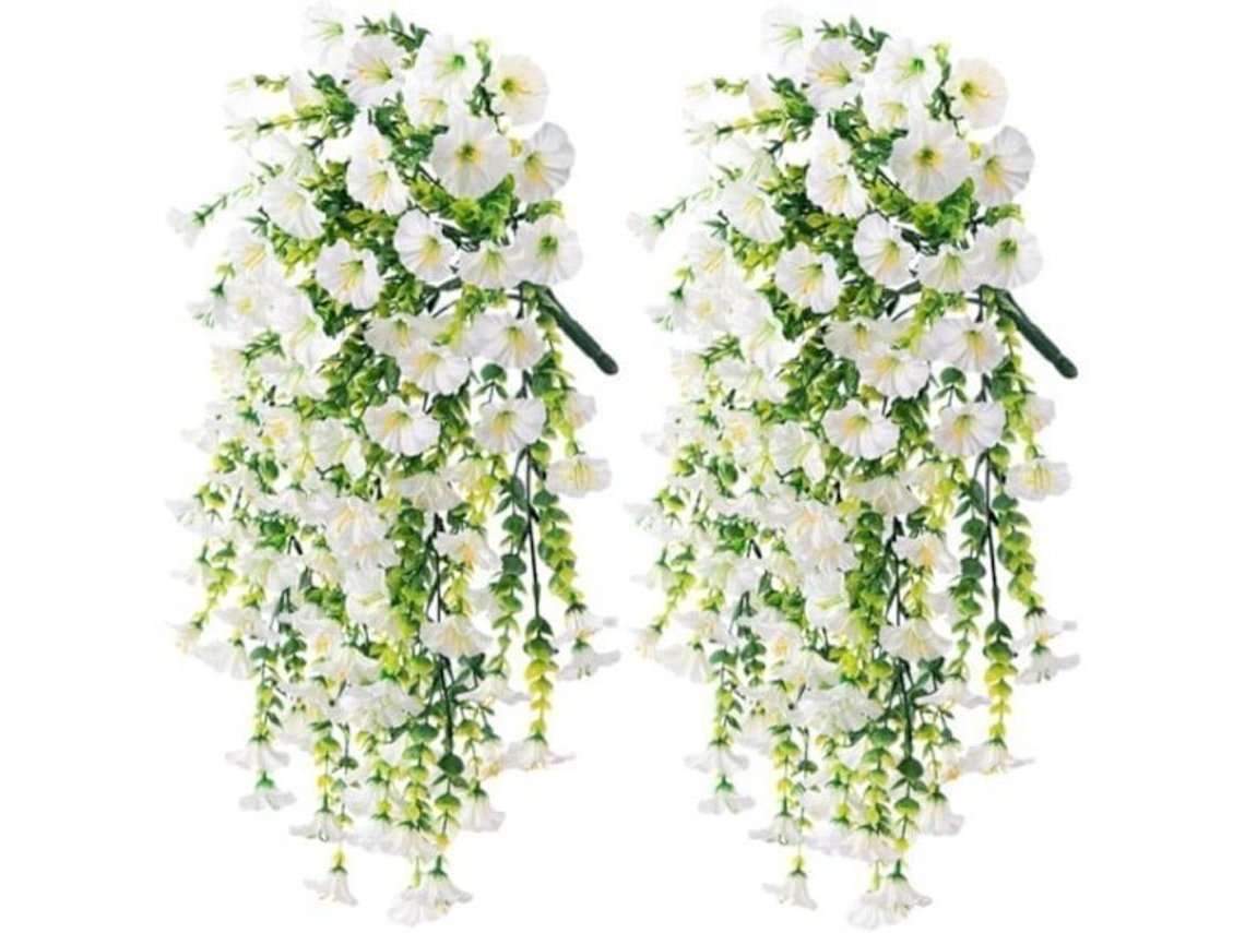 Conjunto de 2 Flores Artificiais Suspensas, Trepadeiras de Glória da manhã Resistentes Aos Raios Uv, 75 Cm, Brancas. AQUAFORGE