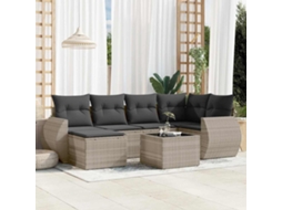 Vidaxl 7 Pcs Conj. Sofás Jardim Com Almofadões Vime Pe Cinzento-claro
