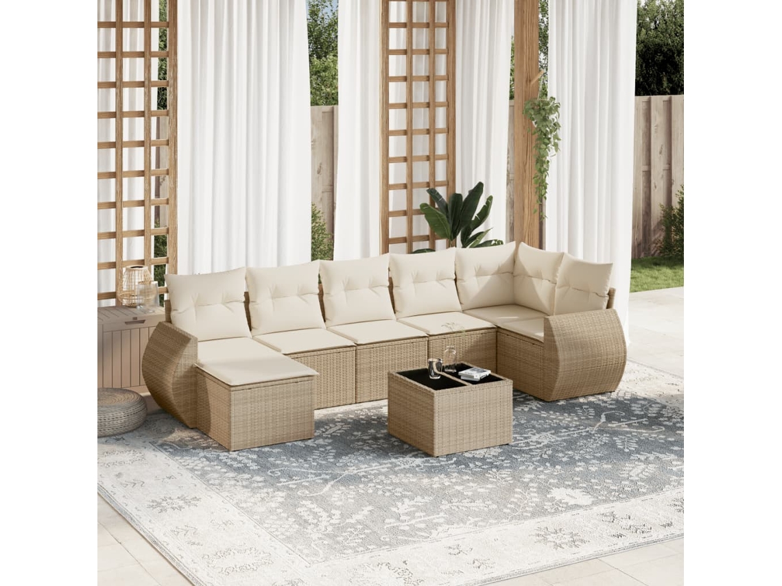 Vidaxl 8 Pcs Conjunto De Sofás P/ Jardim Com Almofadões Vime Pe Bege