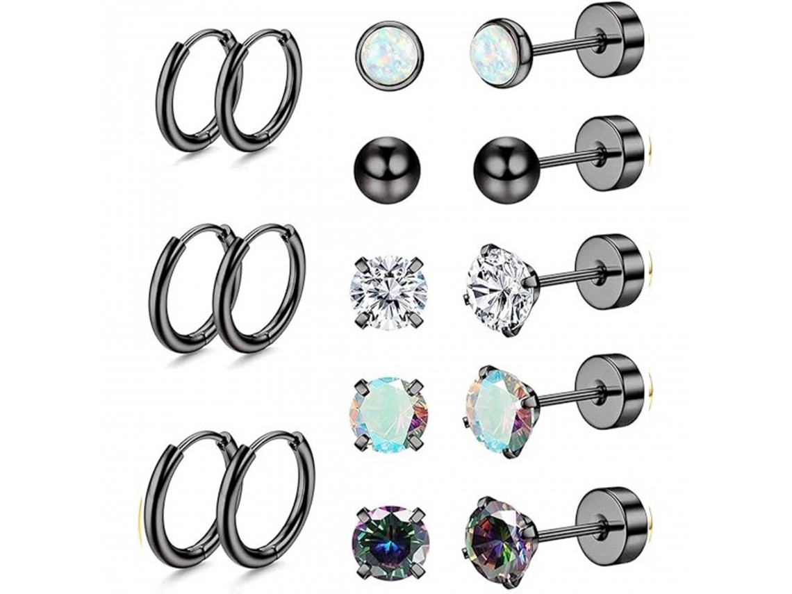 Brincos, 8 Pares De Brincos De Aço Inoxidáve Com Zircônia Redonda, Para Orelhas Sensíveis (pretos) Spqment