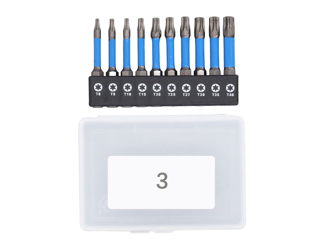 Conjunto de 10 pontas de chave de fenda em aço liga S2 com encaixe hexagonal de 1/4", proteção contra riscos, ímãs e estojo de armazenamento.