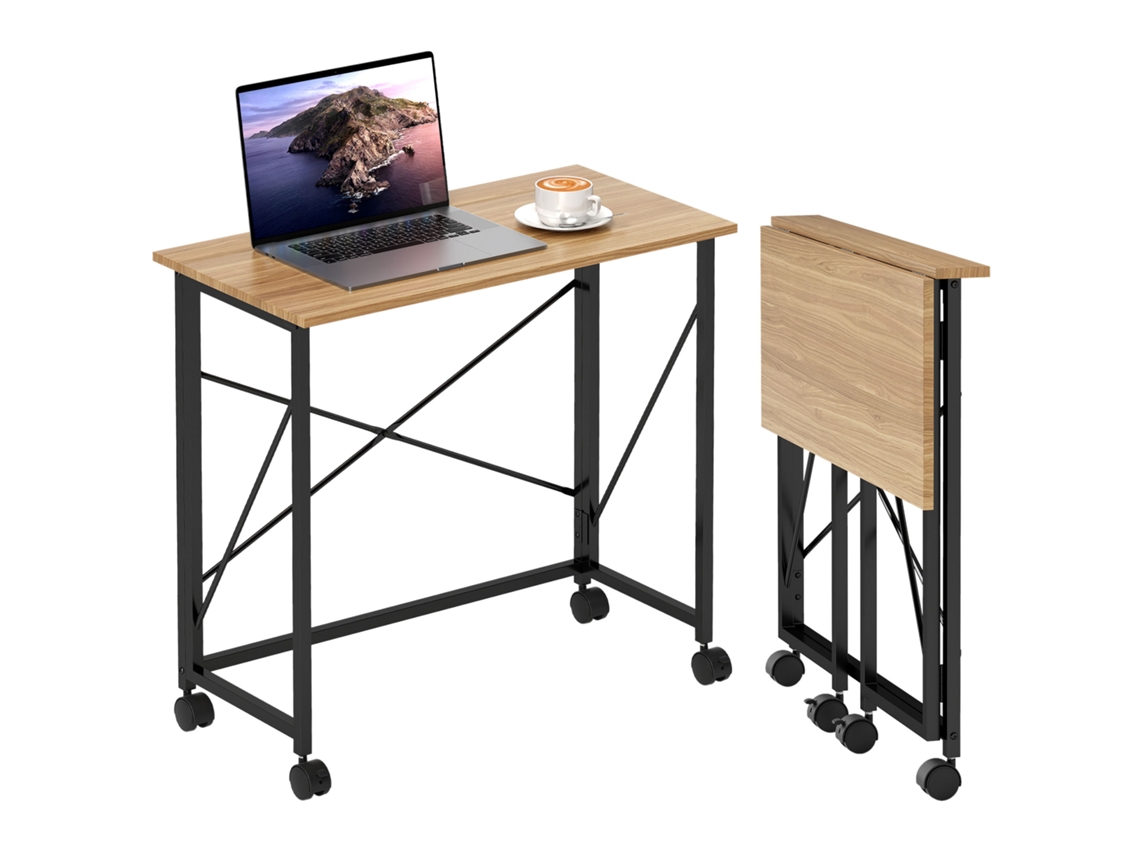 Mesa Dobrável Com Rodízios, Compacta, Em Aço, Mdf E Carvalho.