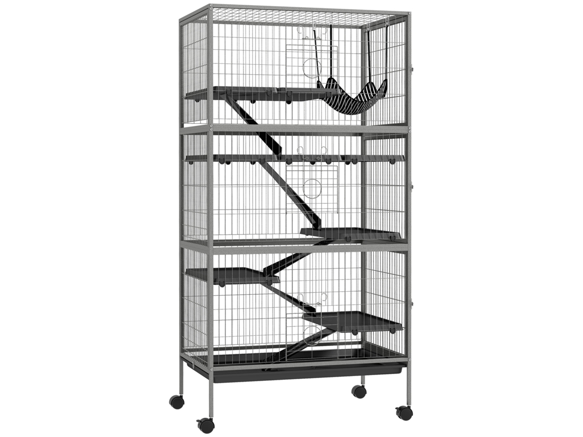 Gaiola Multifuncional Para Roedores Com 4 Plataformas, 3 Rampas E 4 Portas. Dimensões: 80 Cm (c) X 52 Cm (l) X 159 Cm (a). Aço Cinza-prateado/preto.