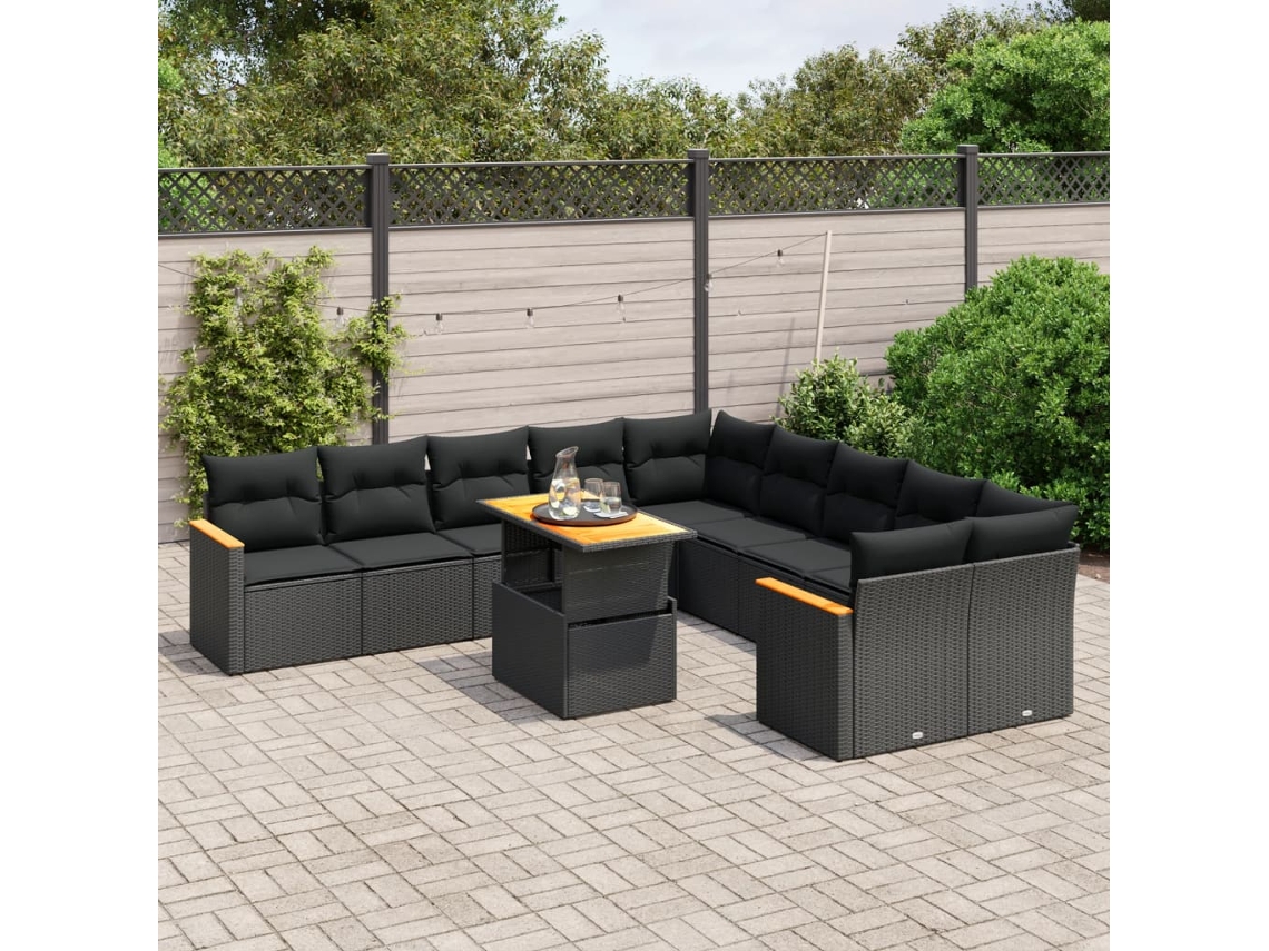 11 Pcs Conjunto Sofás De Jardim C/ Almofadões Vime Pe Preto Dkd Home Decor