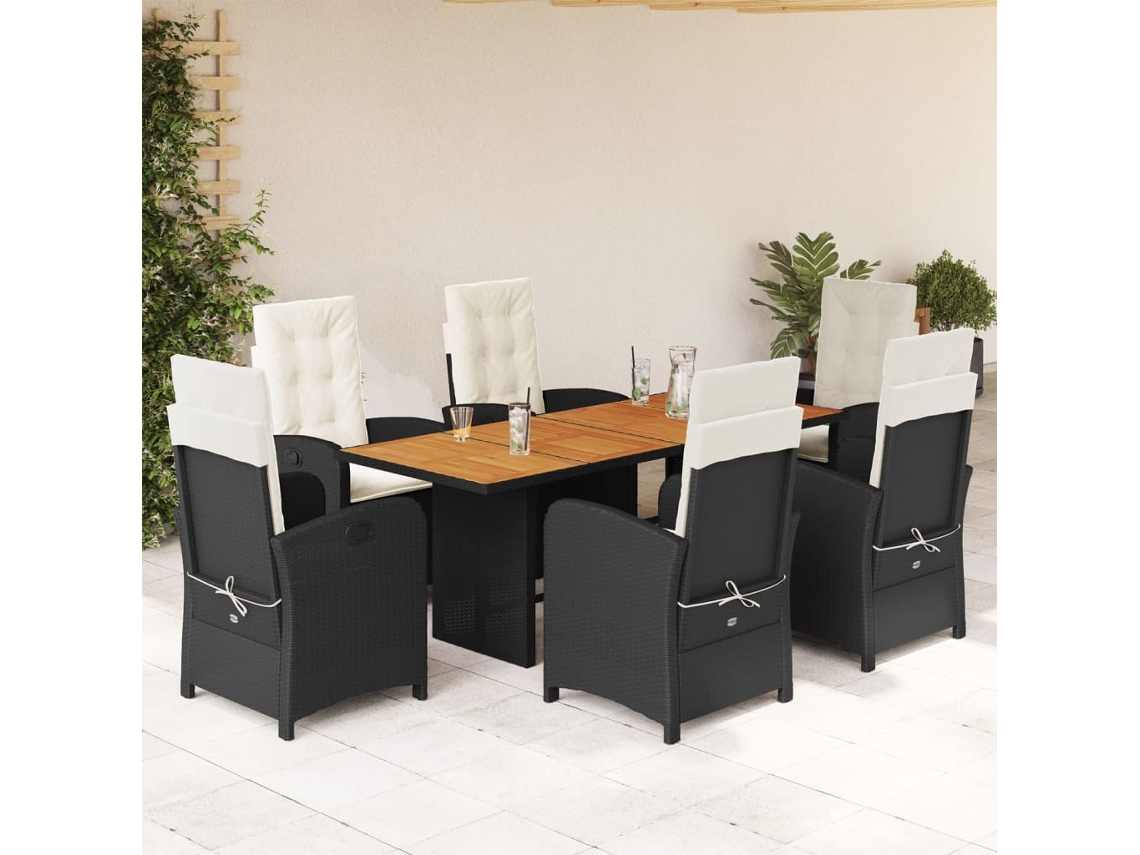 7 Pcs Conjunto De Jantar P/ Jardim C/ Almofadões Vime Pe Preto Dkd Home Decor
