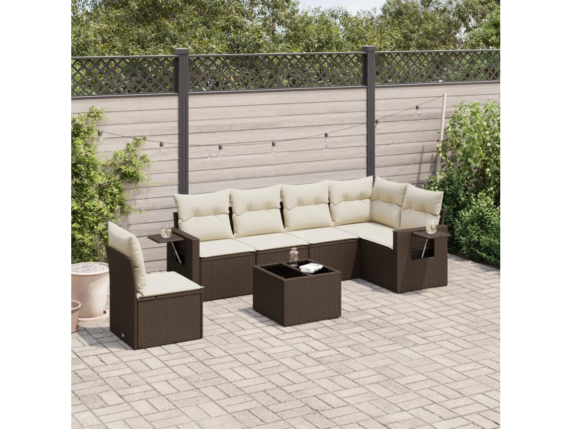 Vidaxl 7 Pcs Conjunto De Sofás Jardim C/ Almofadões Vime Pe Castanho