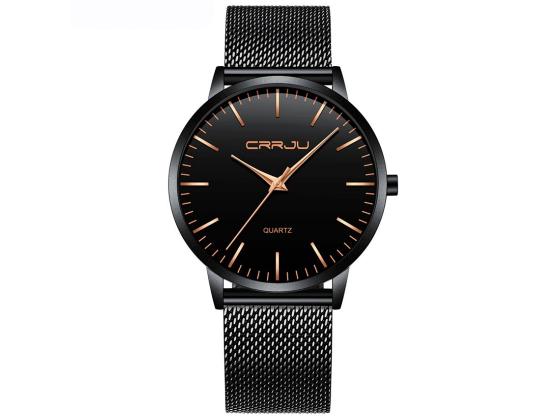 Relógio de pulso masculino em aço inoxidável com pulseira de malha ultrafina e caixa redonda de quartzo.