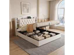 Cama Estofada 160x190 Cm Com Cabeceira Com Arrumação E Carregamento Usb, Led Com Comando, Cama Hidráulica Em Veludo, Bege