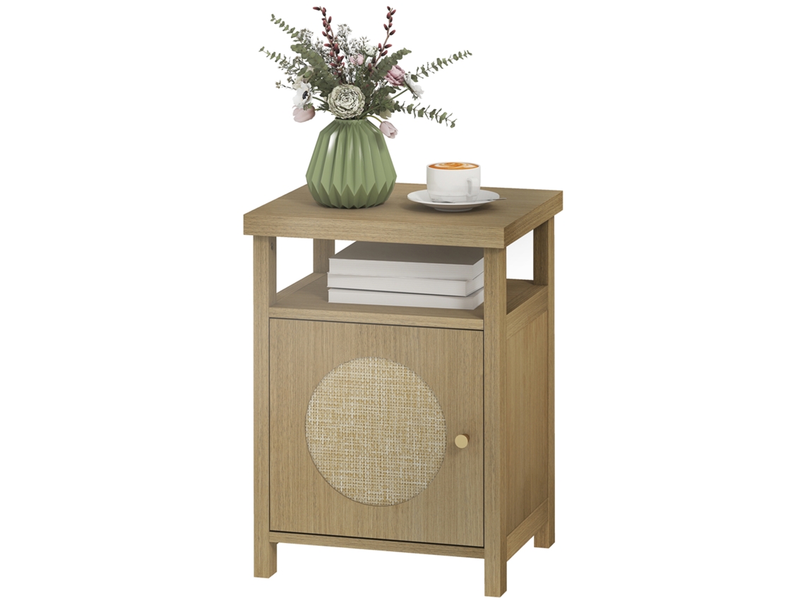 Mesa De Cabeceira Com Porta De Vime Prateleira Aberta E Compartimento 40x35x55 Cm Madeira