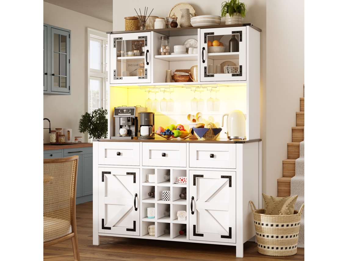 Armário De Cozinha Alto Com Usb E Tomadas, Lateral De 4 Portas E 3 Gavetas, Buffet Com Fita Led, Branco, 120x40x170 Cm