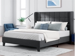 Cama Estofada Em Tecido De Linho - 140x200cm - Com Cabeceira E Estrado De Molas - Cinzento