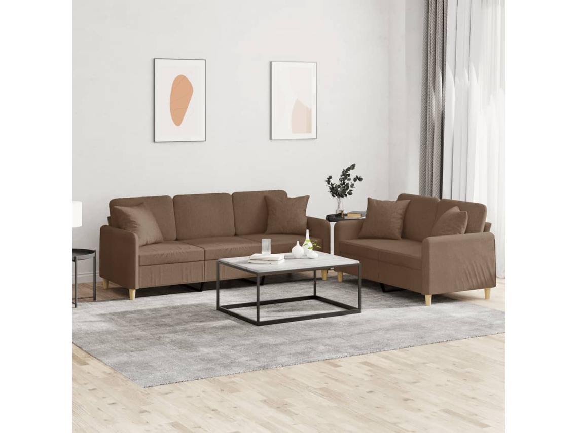 Vidaxl 2 Pcs Conjunto De Sofás Com Almofadas Tecido Castanho