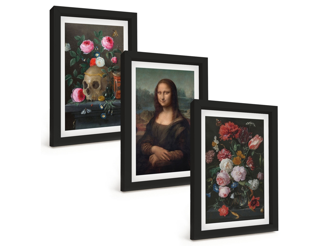 Composição De Quadros Flores, Crânio, Retrato Da Mona Lisa Espelharte (3 Peças 20x30 Cm)
