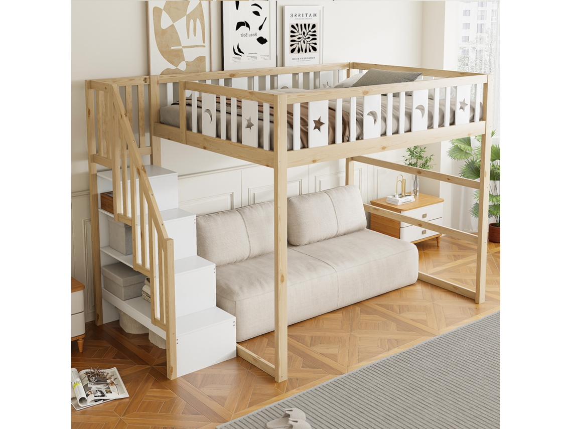 Lit Superposé Enfant 140x200 cm bois massif escalier sécurité étoile lune VSOGA