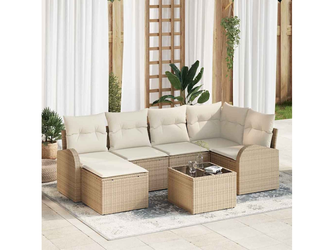 Vidaxl Conjunto De Sofá De Jardim 7 Unid. Bege Vime Pe