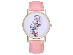 Relógio de Pulso Unissex de Quartzo com Pulseira de Couro Pu Padrão Borboleta Rosa