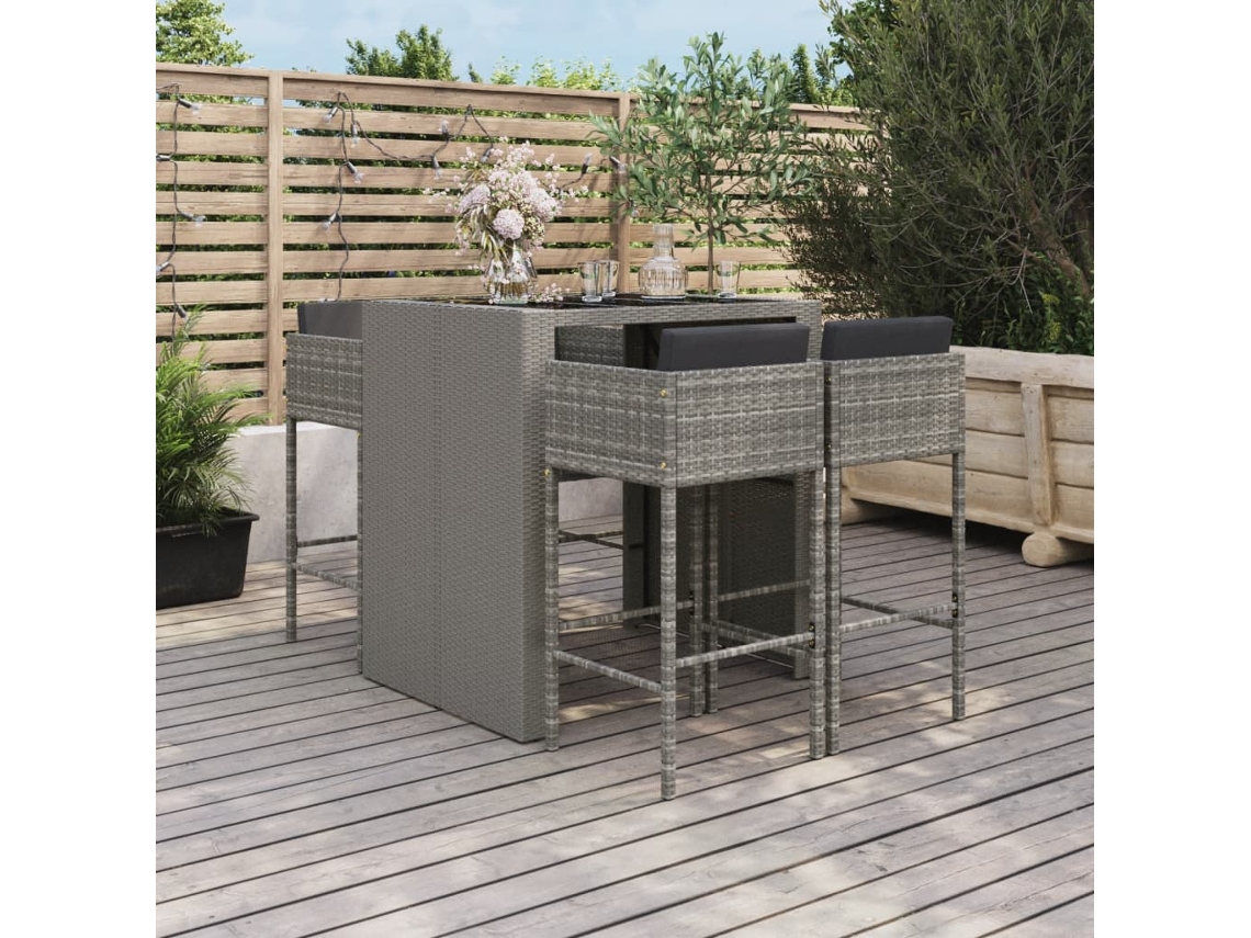 Vidaxl 5 Pcs Conjunto De Bar P/ Jardim C/ Almofadões Vime Pe Cinzento