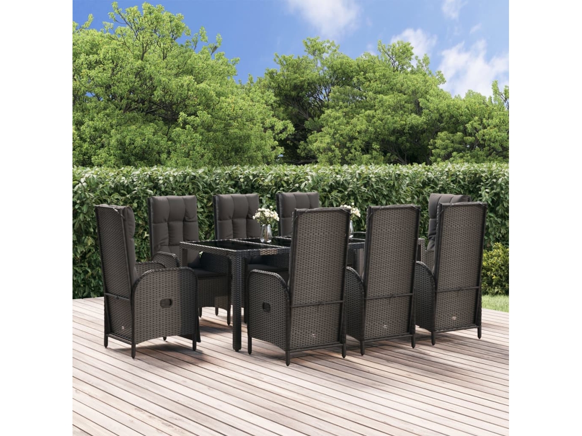 Vidaxl 9 Pcs Conjunto De Jantar P/ Jardim C/ Almofadões Vime Pe Preto