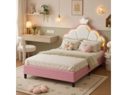 Cama Princesa 140x200 Cm em Forma de Coroa, Cama Infantil com Led e Cabeceira Acolchoada Ajustável, para Adolescentes e Meninas, Veludo, Rosa MEXUS