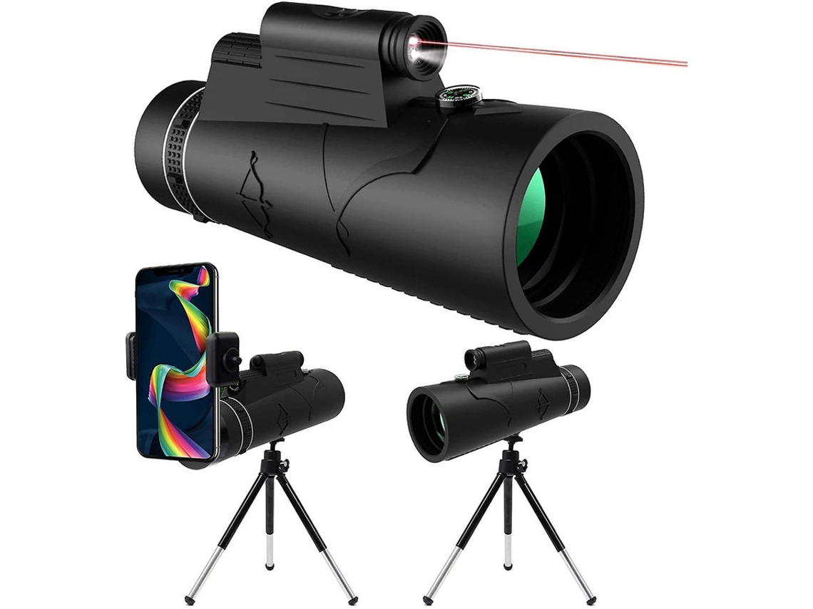 Telescópio Monocular 12x50 Hd Led Vermelho Visão Noturna Ip68 Bússola Tripé Adaptador Smartphone Observação Pássaros Preto Bestvite
