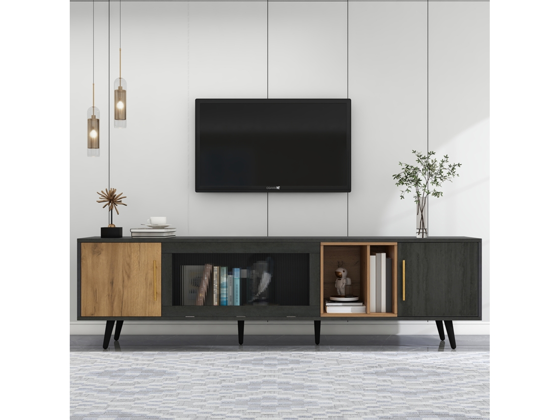 Móvel para TV KOMHTOM até 90 polegadas, 200x40x55,5 cm, 3 portas, 1 de vidro, nicho aberto, marrom e cinza