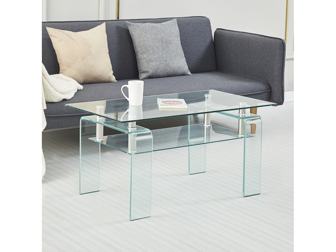 Mesa De Centro De Vidro Temperado Transparente Com Pernas De Vidro